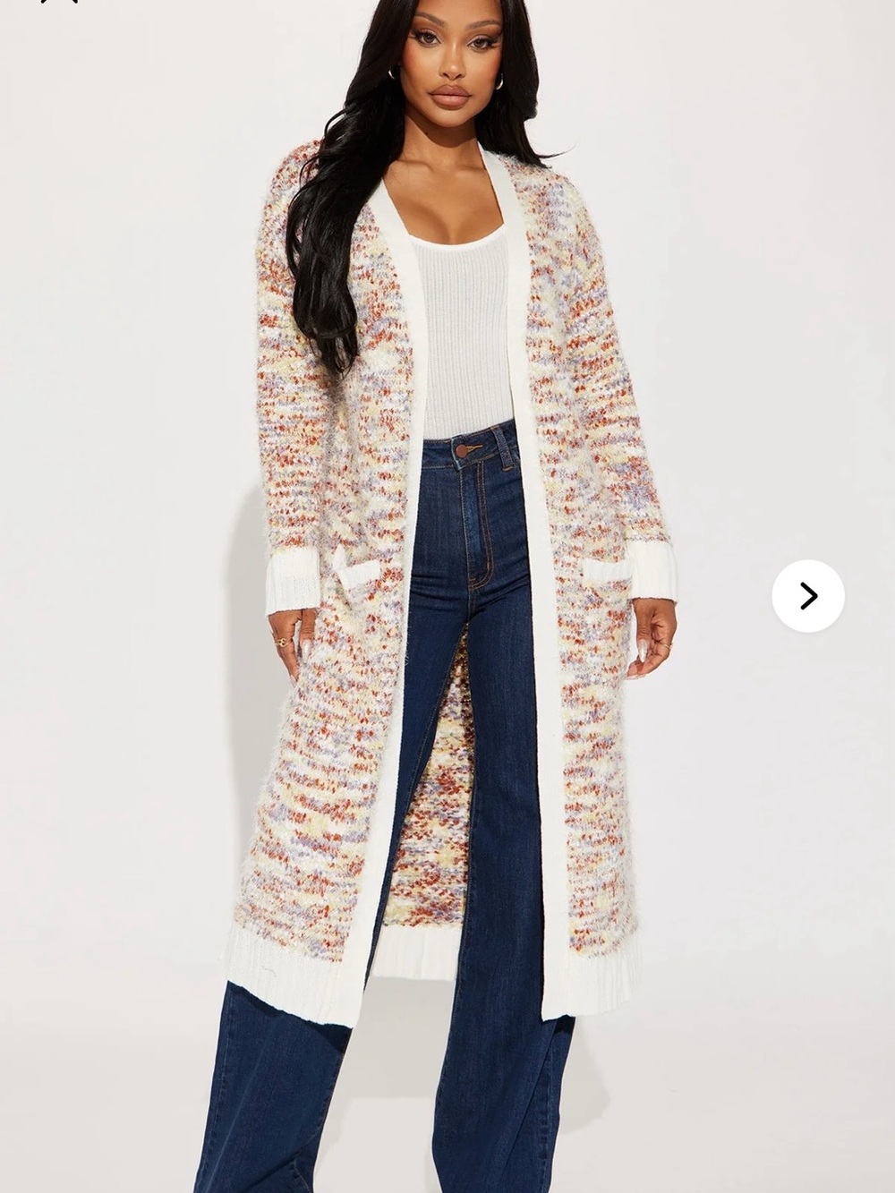 Long Open-Front Mixed-Color Knit Cardigan Sweater - Cream
